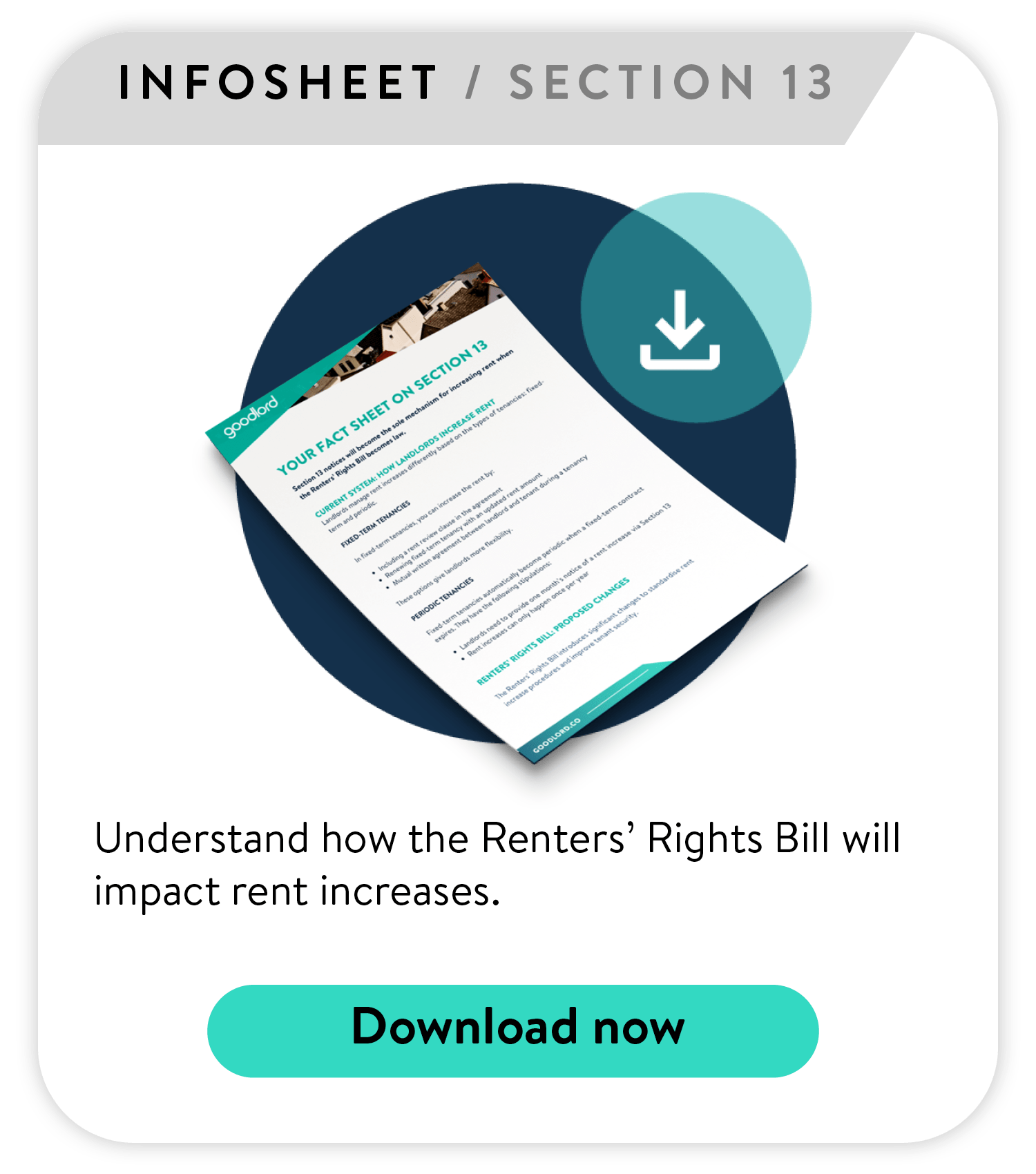 Image of an A4 print-out of the Section 13 infosheet on a navy blue circular background. Accompanied by the text: "Understand how the Renters' Rights Bill will impact rent increases."