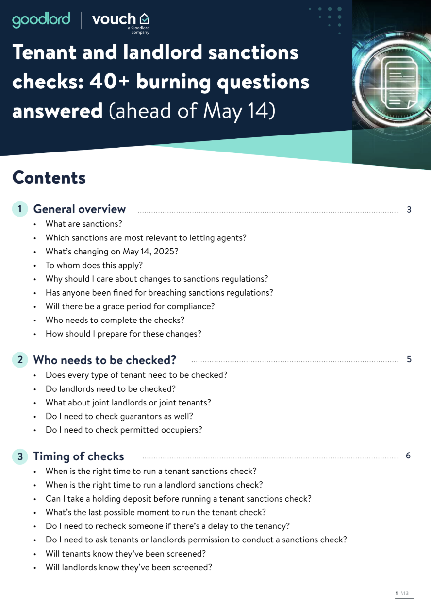 Cover page and contents of a guide titled 'Tenant and landlord sanctions checks: 40+ burning questions answered (ahead of May 14)' by Goodlord and Vouch. The contents list is divided into three main sections:  General overview (page 3) – includes questions such as 'What are sanctions?', 'What’s changing on May 14, 2025?', and 'Who needs to complete the checks?'.  Who needs to be checked? (page 5) – covers whether tenants, landlords, joint parties, guarantors, and permitted occupiers need to be checked.  Timing of checks (page 6) – addresses the right time to run checks, permissions, delays, and whether tenants/landlords are notified of being screened.